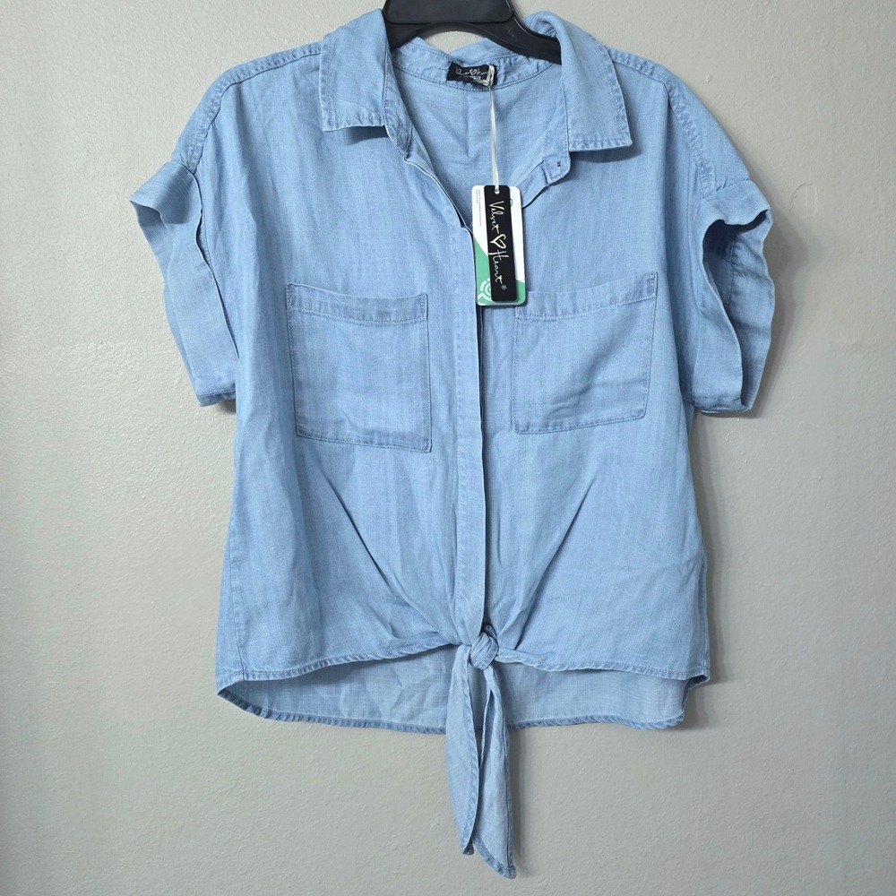 Velvet Heart Los Angeles Women Blue Tencel Tie Front Short Sleeve Shirt Medium